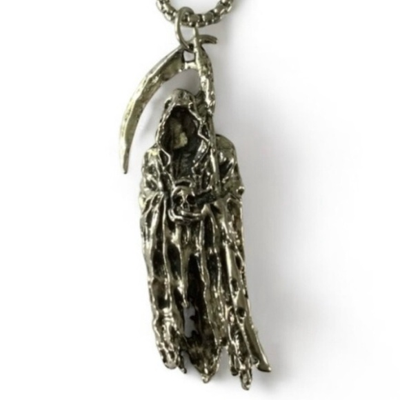 Grim Reaper Skull Pendant Necklace, Silver‑Tone Gothic Biker – NWOT - Picture 3 of 15